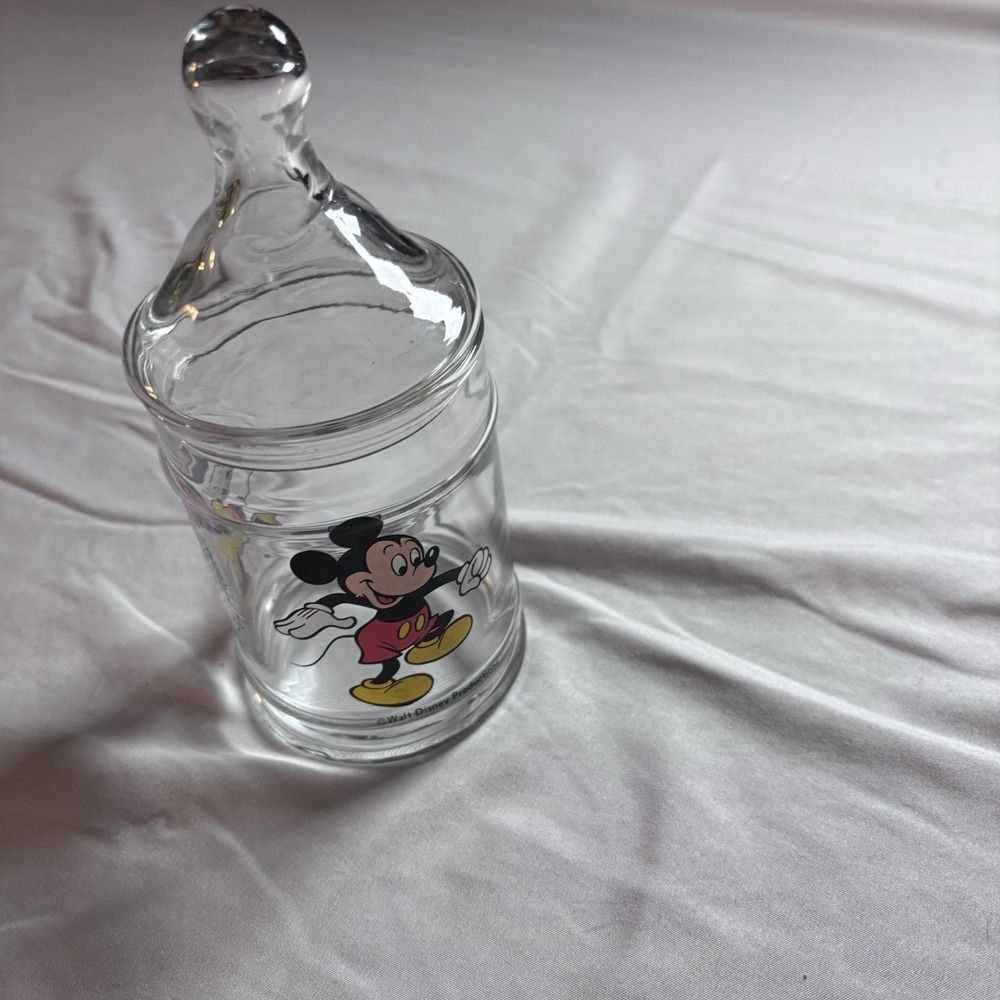 Vintage 1970's Mickey & Minnie Mouse Apothecary Glass Covered Jar Walt Disney‎